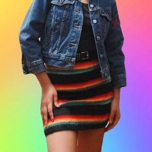 Forever 21 Black & Rainbow Striped Furry Mini Skirt, size Small